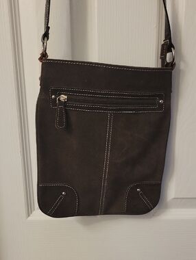 Black Rivet Dark Brown Suede Crossbody with White Stitching